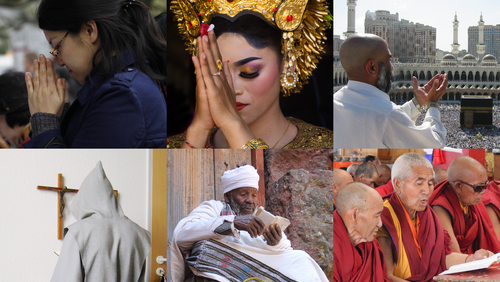Un collage de distintas oraciones de las principales religiones. (Wikimedia Commons)