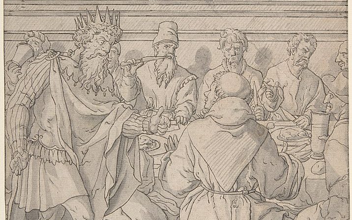 "Escena de la parábola del banquete de bodas: el rey reprende a un hombre que no llevaba traje de boda", autor anónimo, siglo XVI, Países Bajos. (Wikimedia Commons)