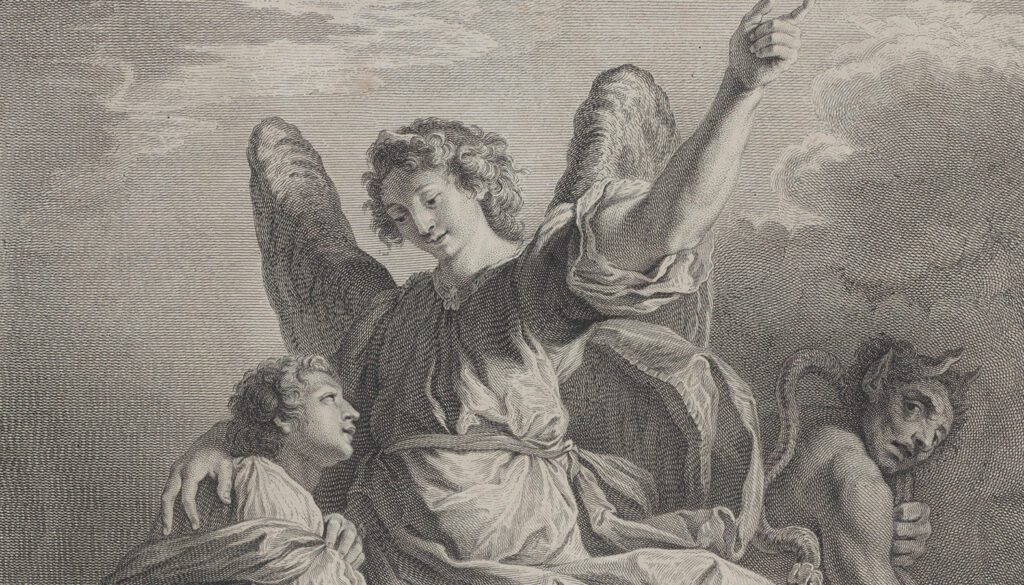 "El ángel de la guarda", 1729-1740, de Nicolas Gabriel Dupuis. La obra muestra al ángel descendiendo de una nube y rodeando con su brazo a un niño, a la izquierda, mientras un demonio se aleja a la derecha. (Museo Metropolitano de Arte)